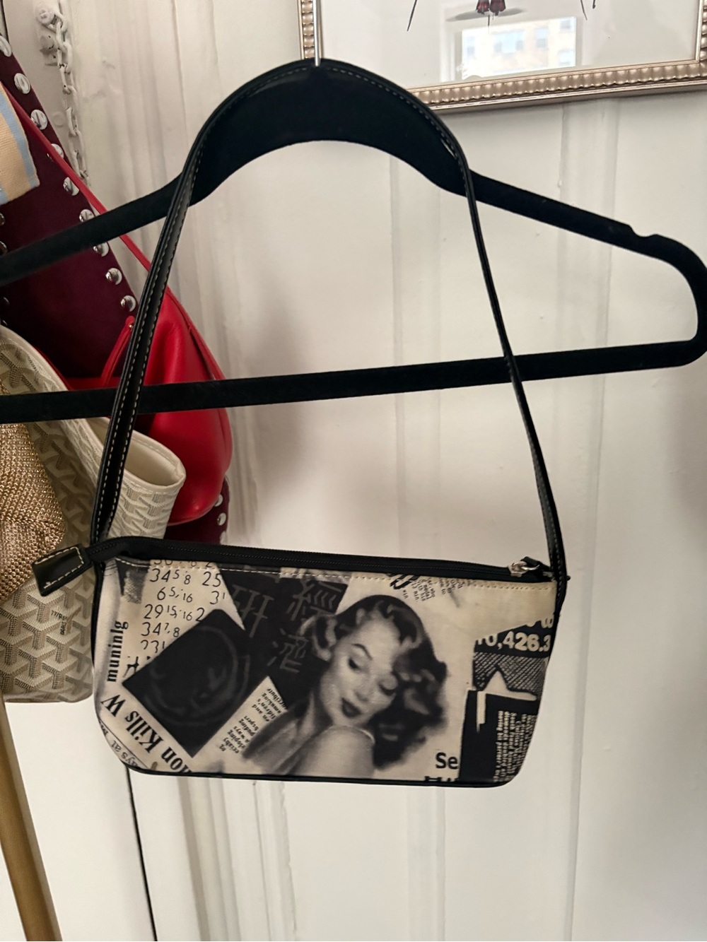 Vintage-Style Black & White Newsprint Shoulder Bag
